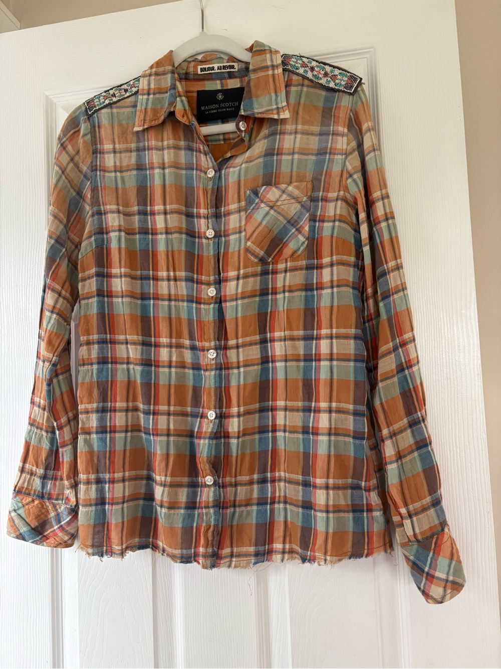 Scotch & Soda Orange and Blue Plaid Button-Down Shirt